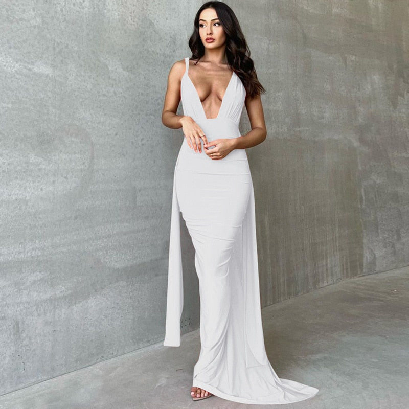 One Shoulder Backless Adjustable Scarf Loop Ruched Sexy Maxi Dress 2024 Women Elegant Y2K Vintage Dress Fashion Summer Robe Size Style3 white