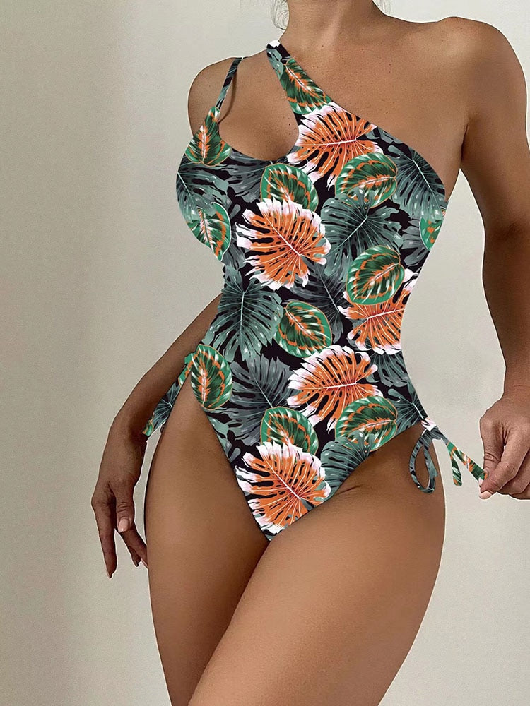 One Shoulder Cut Out Swimwear - One Piece Swimsuit Black And White Stripes Print Bathing Suit Beach Bodysuit Monokini