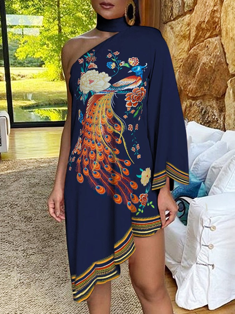 One Shoulder Figure Print Irregular Dress Navy Blue