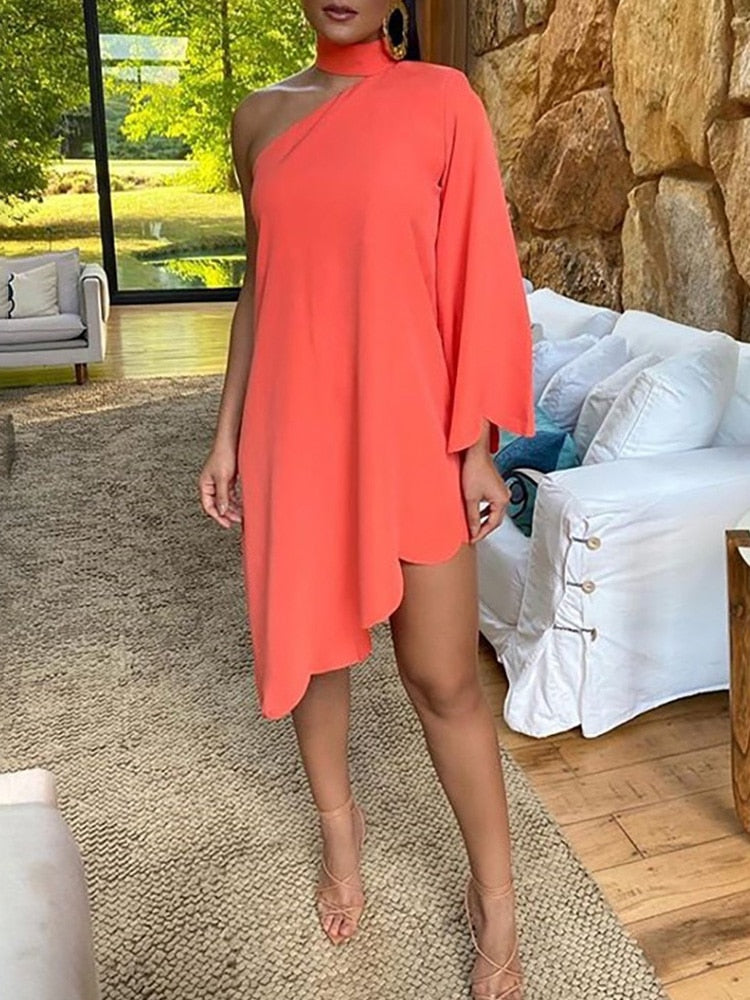 One Shoulder Figure Print Irregular Dress Orange