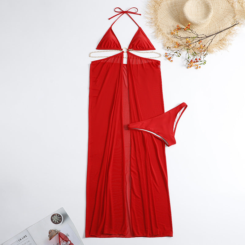 One Size Black Solid Slim Fit Triangle One-Piece Swimsuit Red