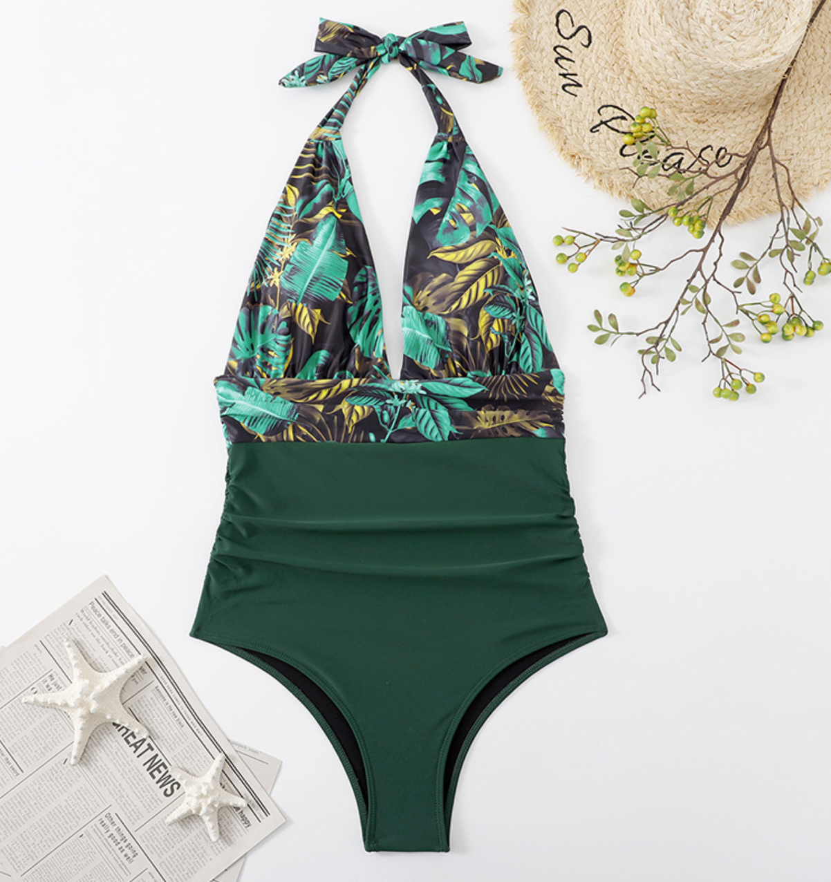 One-piece Halter Matching Belly Bikini Women Green leaf