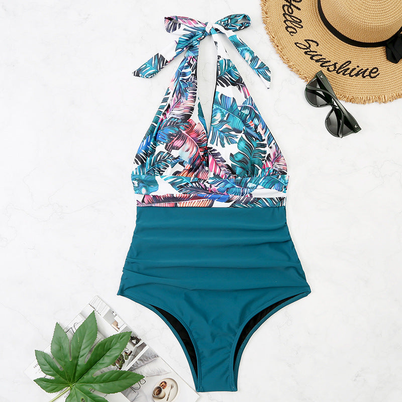 One-piece Halter Matching Belly Bikini Women Dark green flower