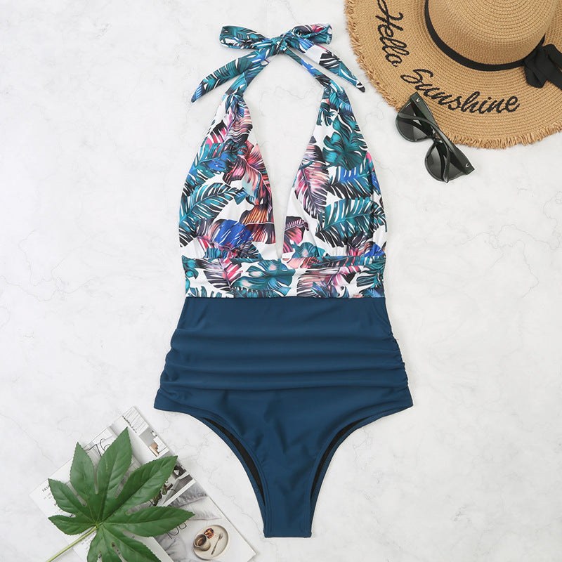 One-piece Halter Matching Belly Bikini Women Dark blue flower