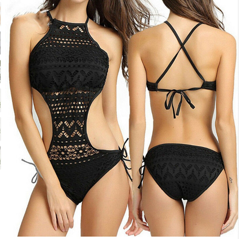 One-piece Sexy Hollow Out Lace Swimsuit Ladies Floral Monokini Swimwear Push-Up Bikini Bathing Suit Bodysuit Clothes