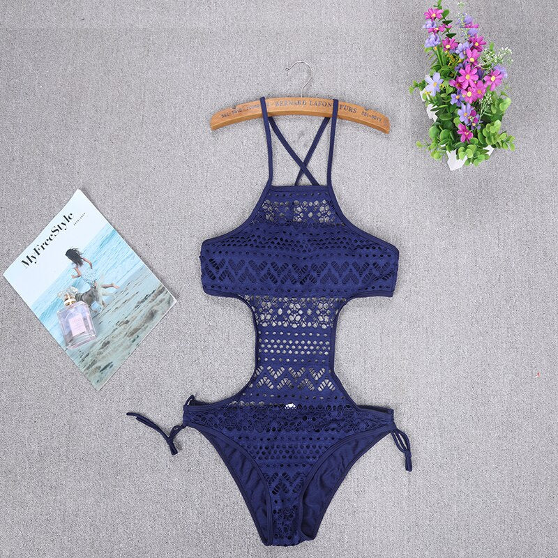 One-piece Sexy Hollow Out Lace Swimsuit Ladies Floral Monokini Swimwear Push-Up Bikini Bathing Suit Bodysuit Clothes Navy