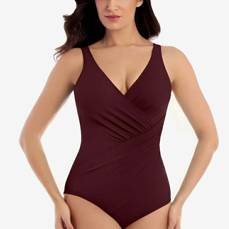 One-piece Slimming Solid Color Fashion Swimsuit Wine Red