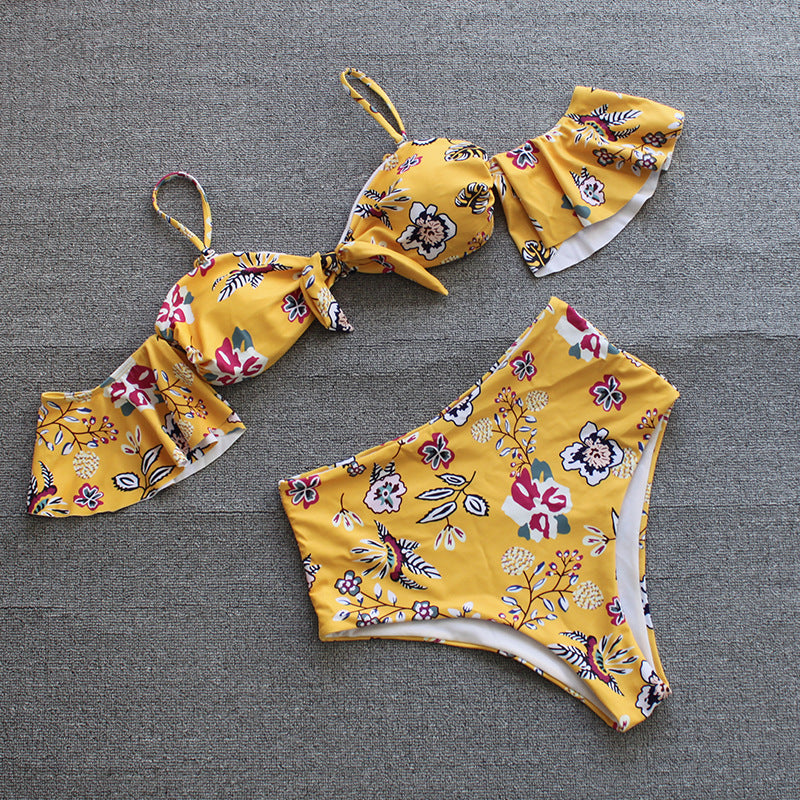 One-shoulder Lotus Split High Waist Leaf Print Swimsuit Yellow