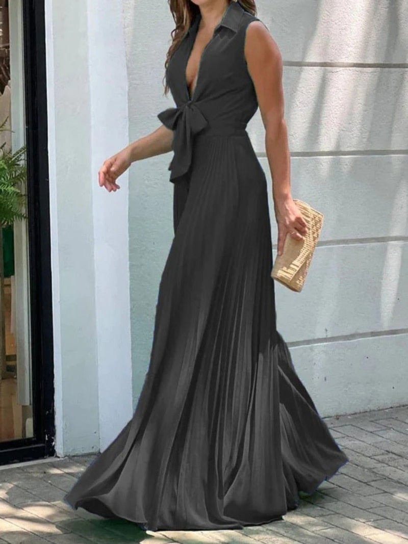 Onecozyday Stylish Sleeveless Lace-Up Pleated Deep V-Neck Sexy Jumpsuits 2024 Summer Vacation Party Prom Jump Suits For Women