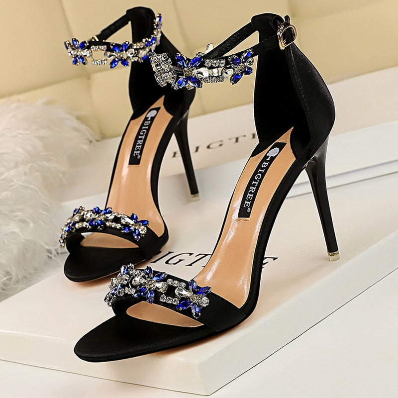 Open Toe Rhinestones Sandals Women 2024 - Sexy High Heels Sandals Female Shoes Summer Heeled Sandals black