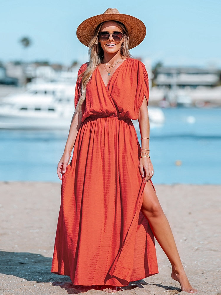 Orange Surplice Ruched Maxi Dress Sexy Elasticized Waist Short Sleeve Long A-line CAA05A3A097KK