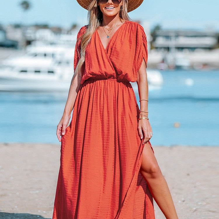 Orange Surplice Ruched Maxi Dress Sexy Elasticized Waist Short Sleeve Long A-line