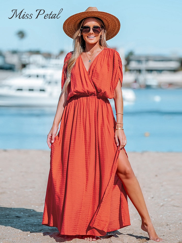 Orange Surplice Ruched Maxi Dress Sexy Elasticized Waist Short Sleeve Long A-line