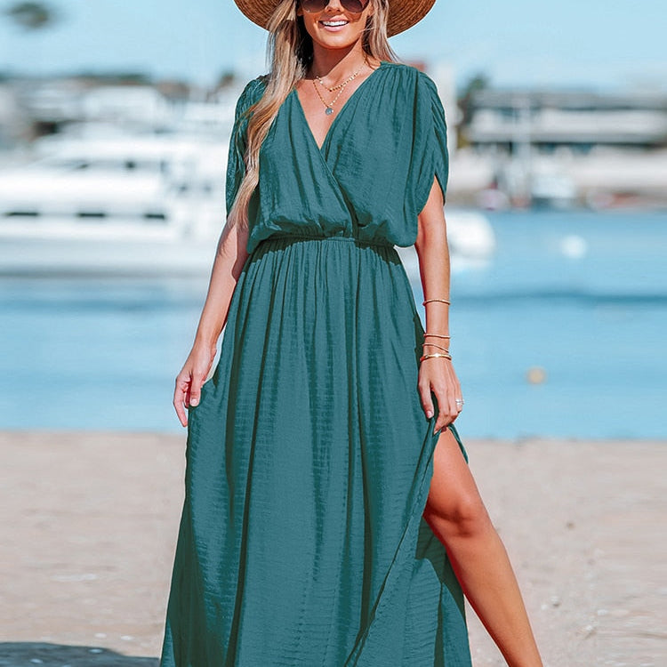 Orange Surplice Ruched Maxi Dress Sexy Elasticized Waist Short Sleeve Long A-line CAA05A3A097SS