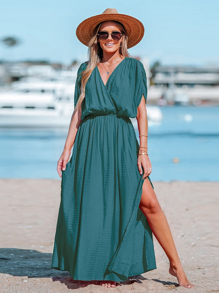 Orange Surplice Ruched Maxi Dress Sexy Elasticized Waist Short Sleeve Long A-line CAA05A3A097SS