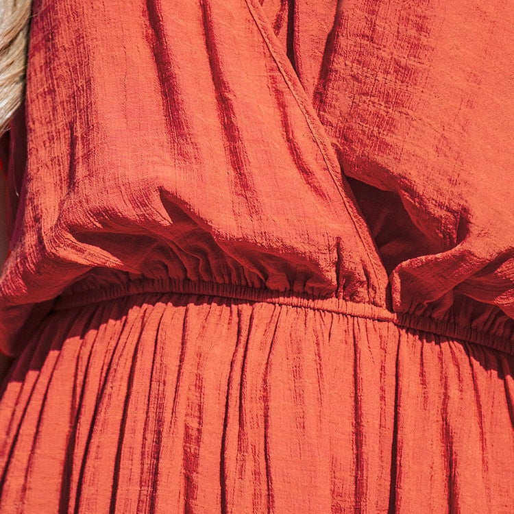 Orange Surplice Ruched Maxi Dress Sexy Elasticized Waist Short Sleeve Long A-line