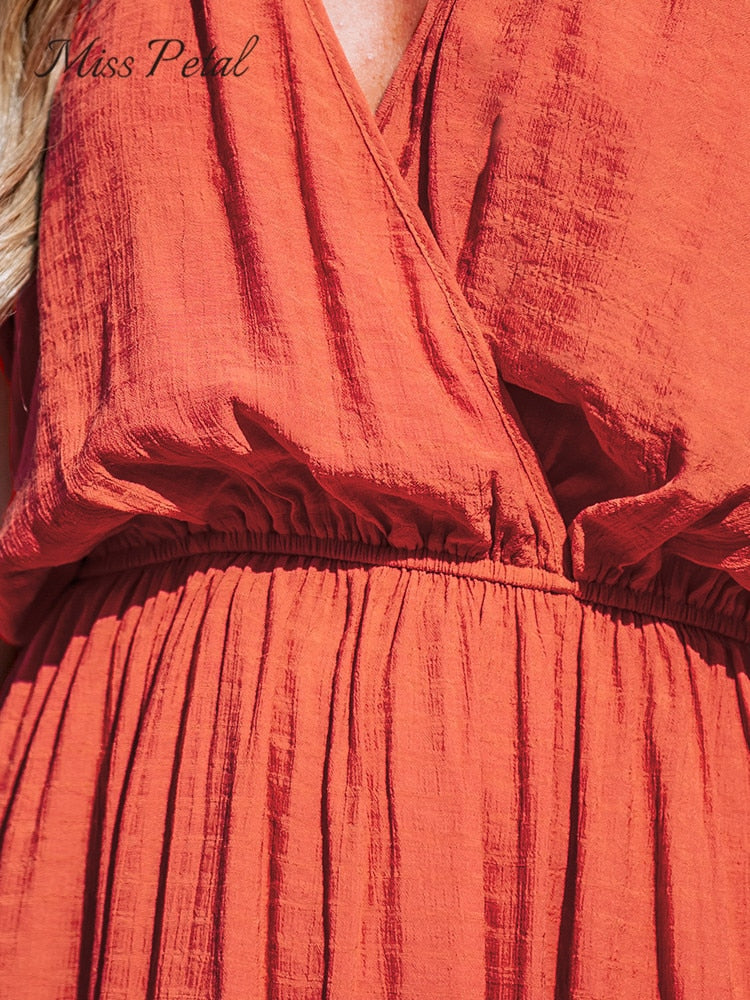 Orange Surplice Ruched Maxi Dress Sexy Elasticized Waist Short Sleeve Long A-line