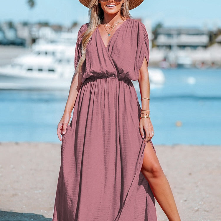 Orange Surplice Ruched Maxi Dress Sexy Elasticized Waist Short Sleeve Long A-line CAA05A3A097DD