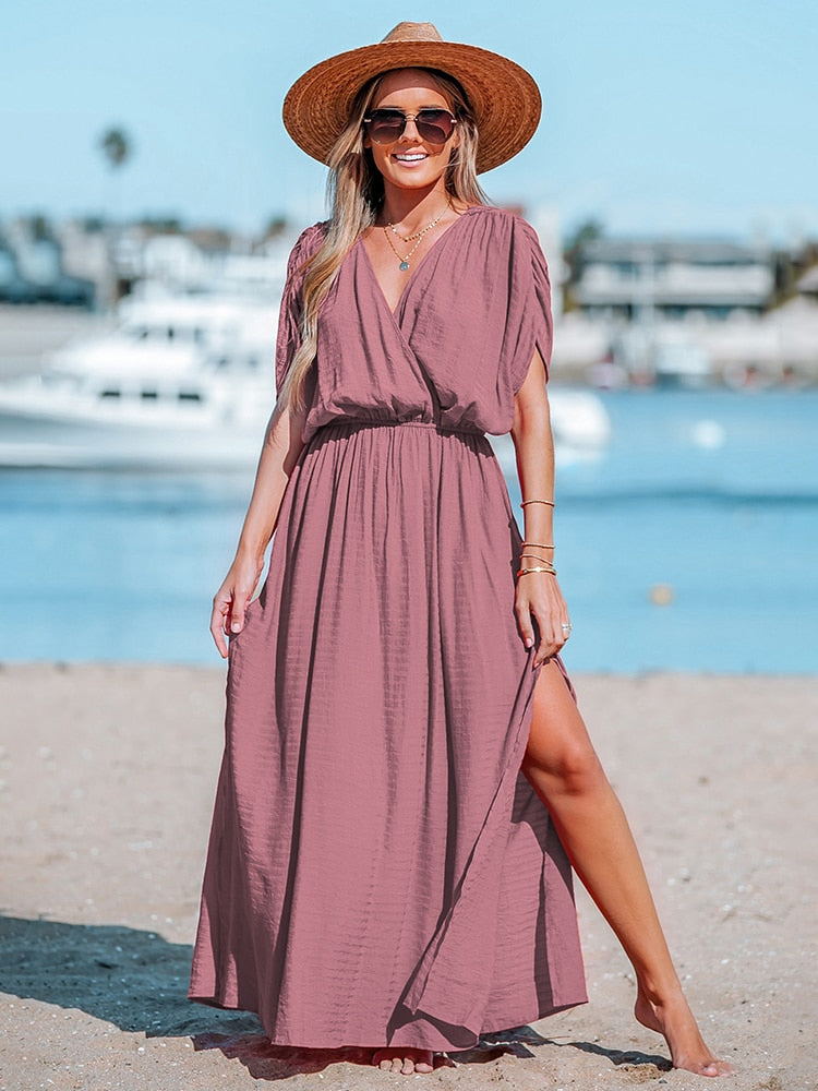 Orange Surplice Ruched Maxi Dress Sexy Elasticized Waist Short Sleeve Long A-line CAA05A3A097DD