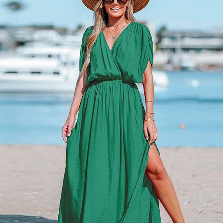 Orange Surplice Ruched Maxi Dress Sexy Elasticized Waist Short Sleeve Long A-line CAA05A3A097QQ