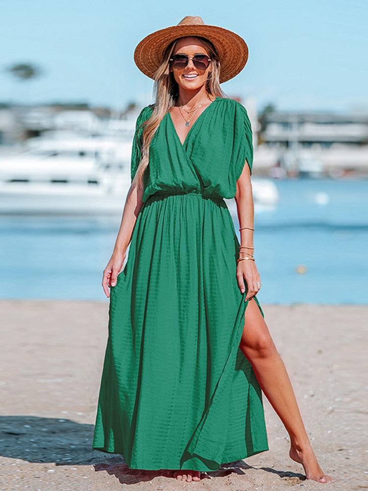 Orange Surplice Ruched Maxi Dress Sexy Elasticized Waist Short Sleeve Long A-line CAA05A3A097QQ
