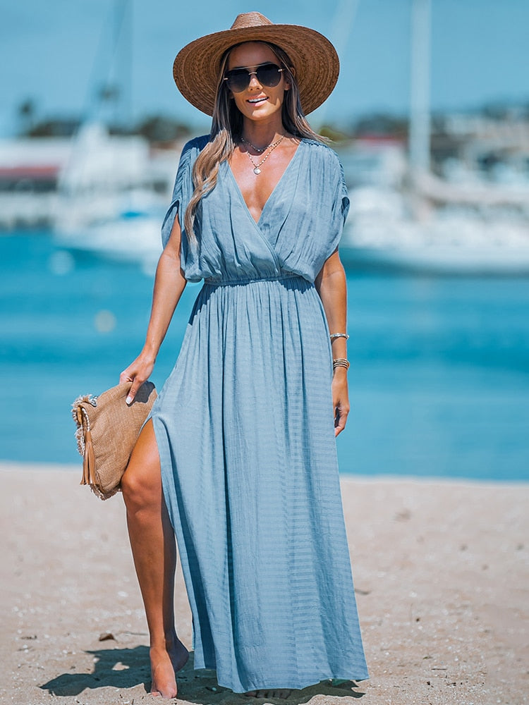 Orange Surplice Ruched Maxi Dress Sexy Elasticized Waist Short Sleeve Long A-line CAA05A3A097SV
