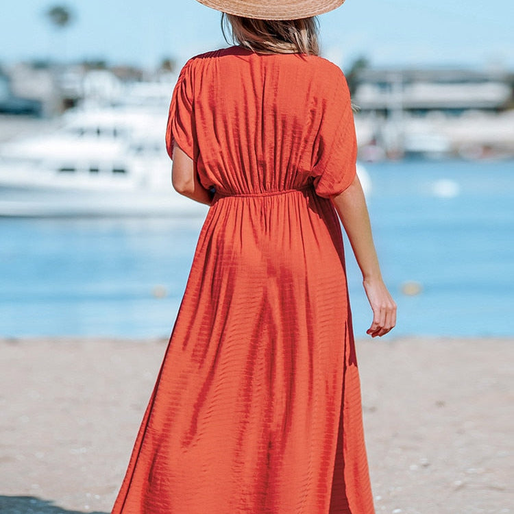 Orange Surplice Ruched Maxi Dress Sexy Elasticized Waist Short Sleeve Long A-line
