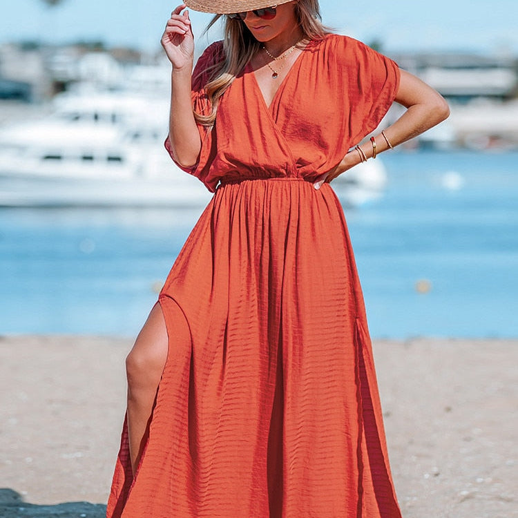 Orange Surplice Ruched Maxi Dress Sexy Elasticized Waist Short Sleeve Long A-line