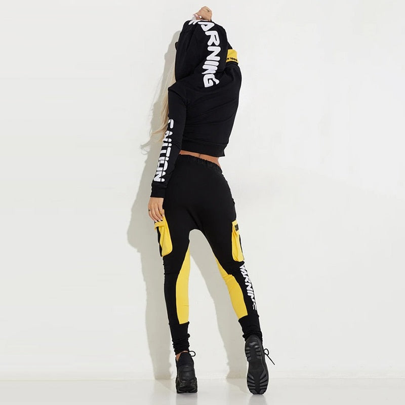 Oshoplive Patchwork Pockets Zipper Jackets&Pants Stylish Suits Casual Drawstring Sweatpants Letter Print Sports Suit For Women