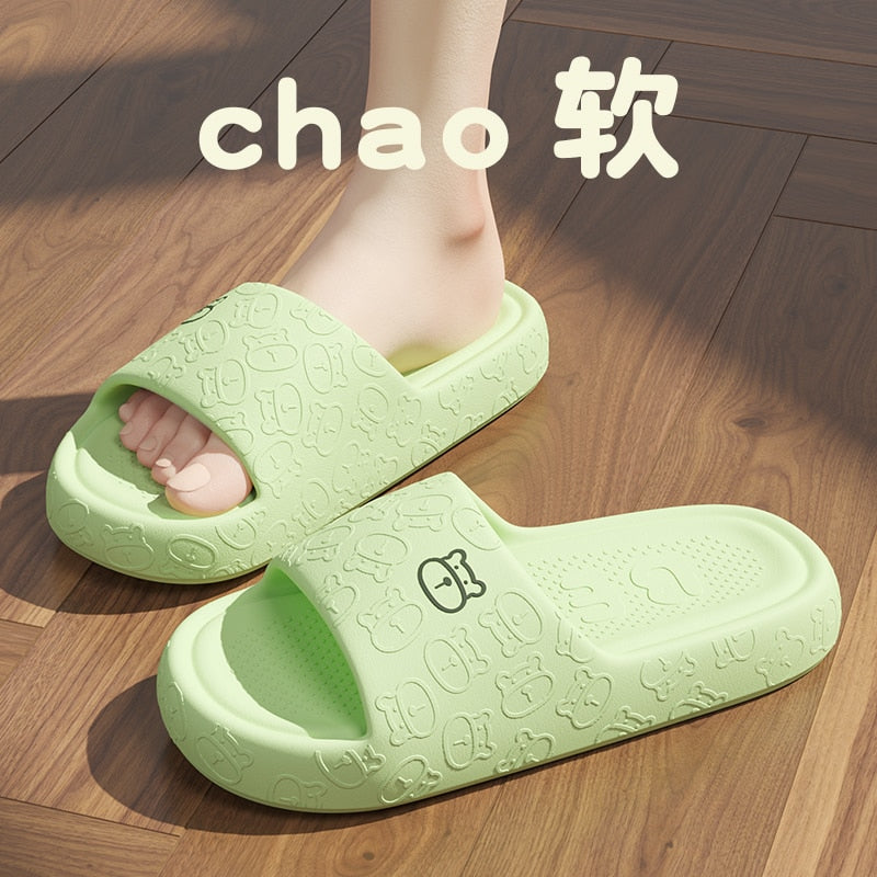 Outdoors Summer Women Men Flat Thick Platform Slippers Non-Slip Cartoon Home Bath Sandals Beach Slides Couples Ladies Shoes green