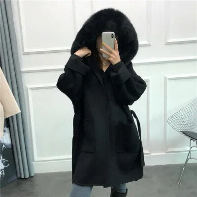 Oversize Ladies Outerwear 2022 Real Fur Coat Winter Jacket Women Natural Fox Fur Collar Cuffs Hood Cashmere Wool Woolen 9