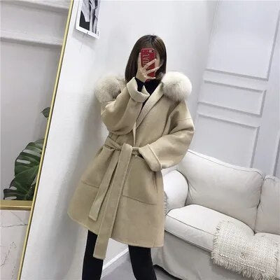 Oversize Ladies Outerwear 2022 Real Fur Coat Winter Jacket Women Natural Fox Fur Collar Cuffs Hood Cashmere Wool Woolen 6