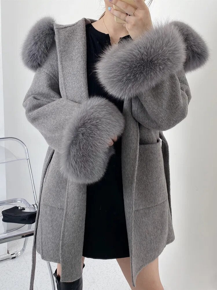 Oversize Ladies Outerwear 2022 Real Fur Coat Winter Jacket Women Natural Fox Fur Collar Cuffs Hood Cashmere Wool Woolen 1