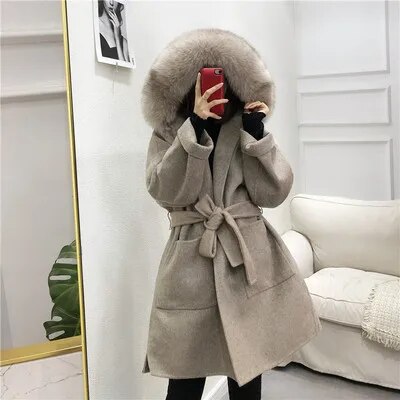 Oversize Ladies Outerwear 2022 Real Fur Coat Winter Jacket Women Natural Fox Fur Collar Cuffs Hood Cashmere Wool Woolen 7