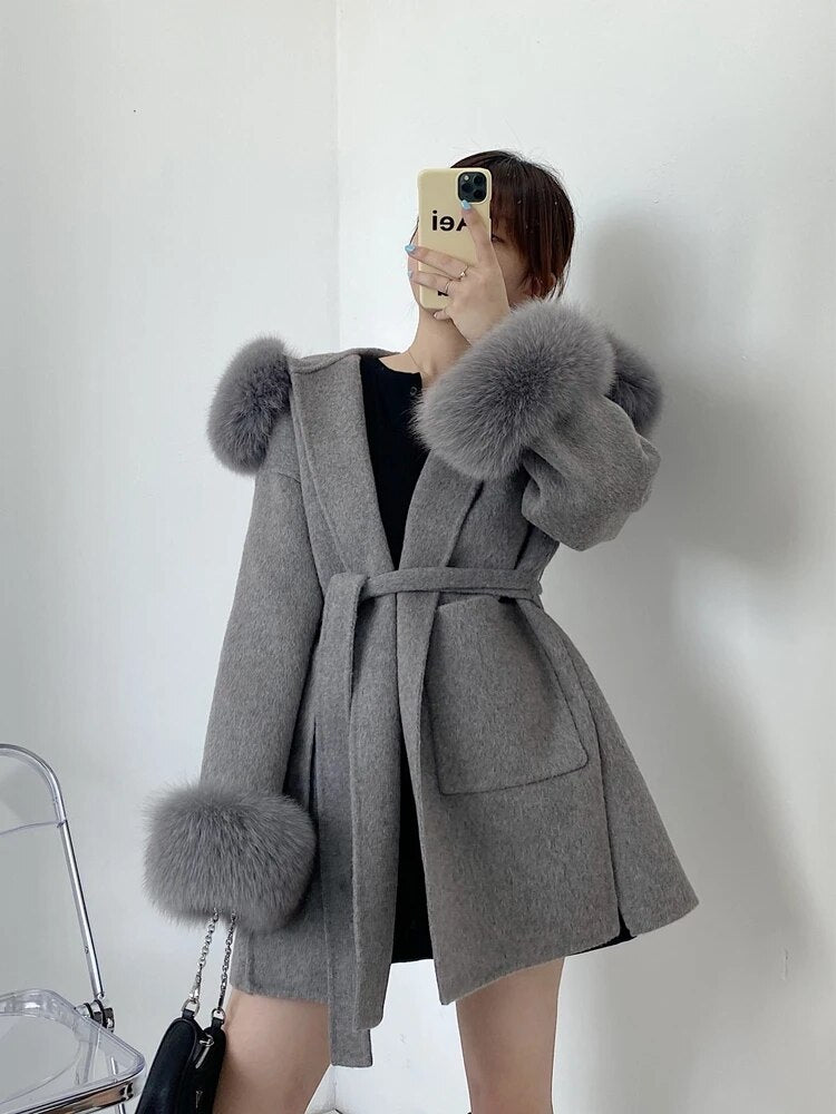 Oversize Ladies Outerwear 2022 Real Fur Coat Winter Jacket Women Natural Fox Fur Collar Cuffs Hood Cashmere Wool Woolen 3