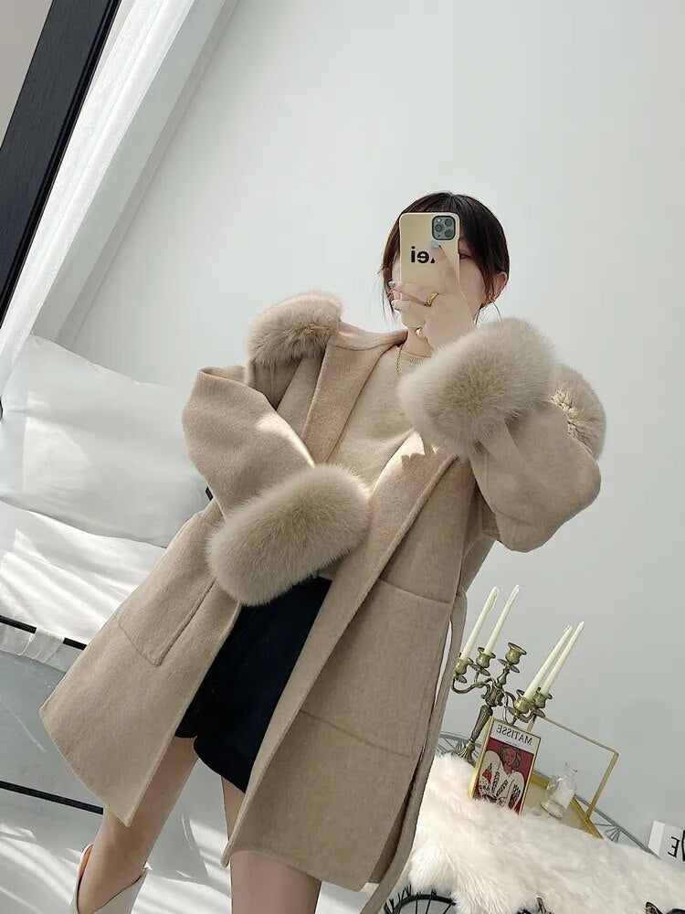 Oversize Ladies Outerwear 2022 Real Fur Coat Winter Jacket Women Natural Fox Fur Collar Cuffs Hood Cashmere Wool Woolen 2