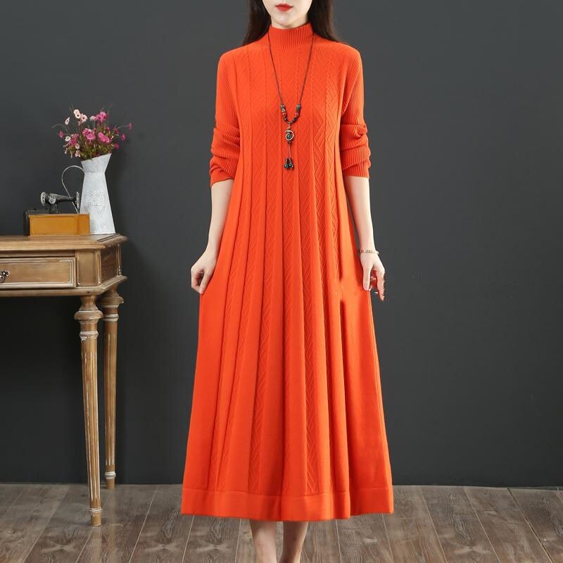 Oversize Women Long Dress For Autumn Winter Vertical Grain Wave Half High Collar Pullover Slim Bottom Sweater Lady Dresses orange