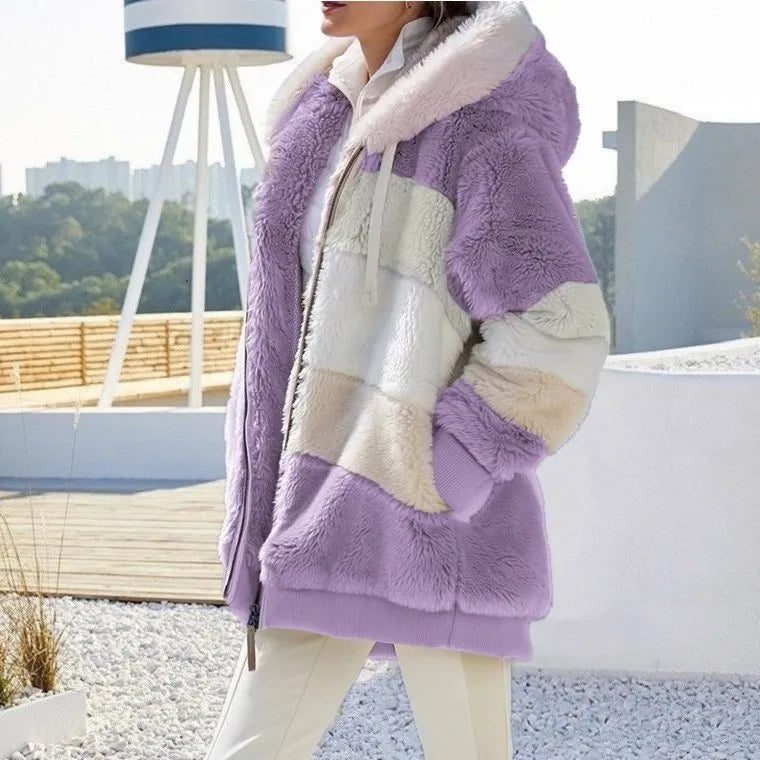 Oversized Jacket for Women Autumn Winter Warm Plush Pocket Hooded Streetwear Loose Lady Outerwear Coat Roupas Feminina PURPLE