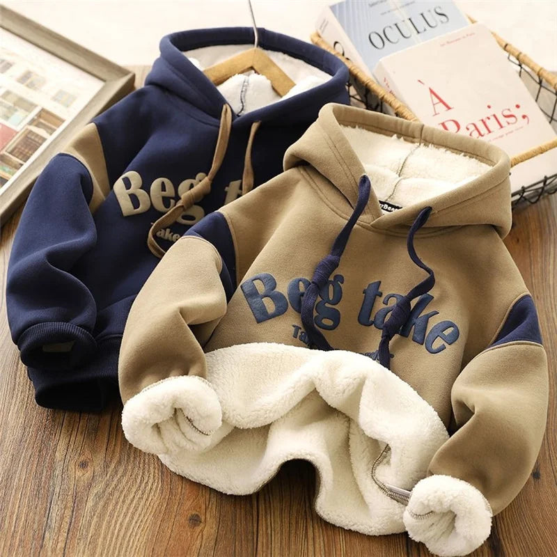 Padded Thick Sweatshirt Coat Winter Big Kids Clothes Warm Hoodie Baby Boys Girls Letter Print Hooded Pullover Casual Tops 4-12Y