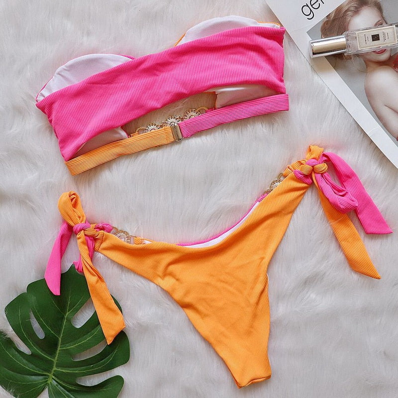 Para Praia Cameo Push Up Bikini Set Female Bandeau Swimsuit