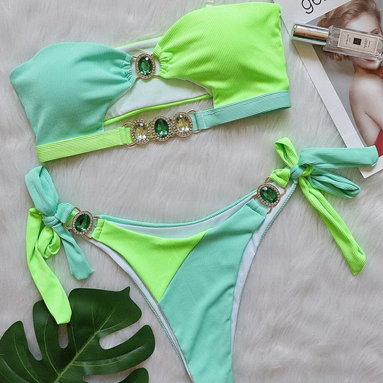Para Praia Cameo Push Up Bikini Set Female Bandeau Swimsuit Green