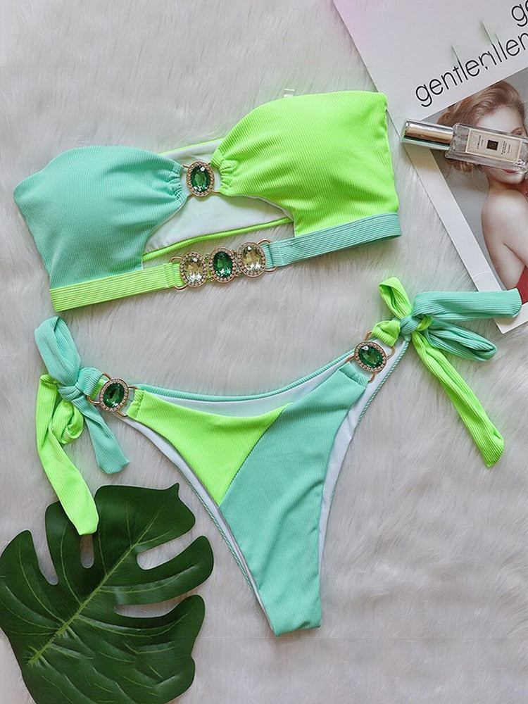 Para Praia Cameo Push Up Bikini Set Female Bandeau Swimsuit Green