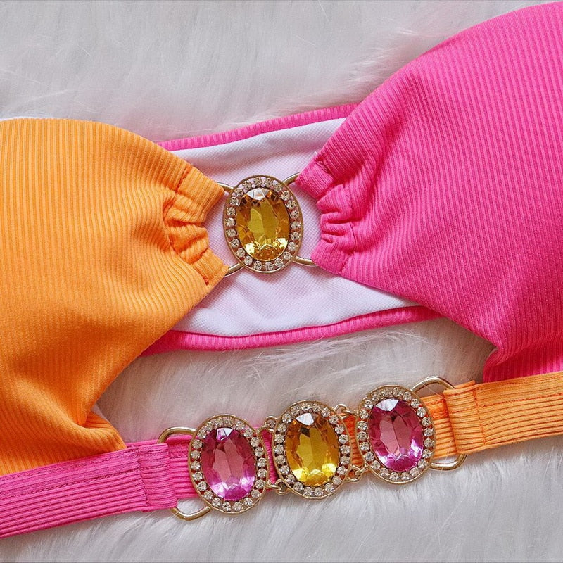 Para Praia Cameo Push Up Bikini Set Female Bandeau Swimsuit