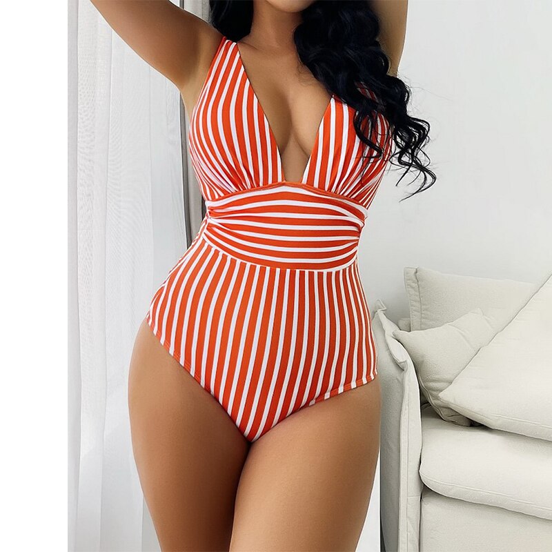 Para Praia Stripe One Piece Swimsuit - Sexy Bathing Suit Backless Bandage High Cut Monokini