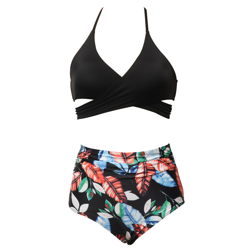 Parent-child Swimsuit Printed High Waist Bikini Flounced Mother And Daughter Swimsuit Long Orange Leaves