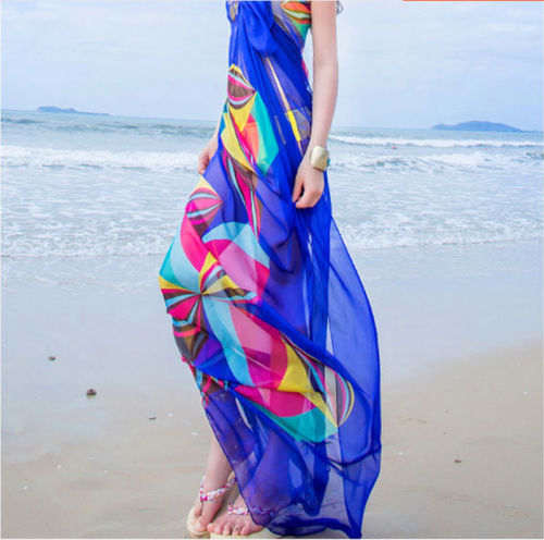 Pareo Scarf Women Beach Sarongs Beach Cover Up Summer Chiffon Scarves Geometrical Design Plus Size Towel Ladies Summer Beachwear Blue One Size