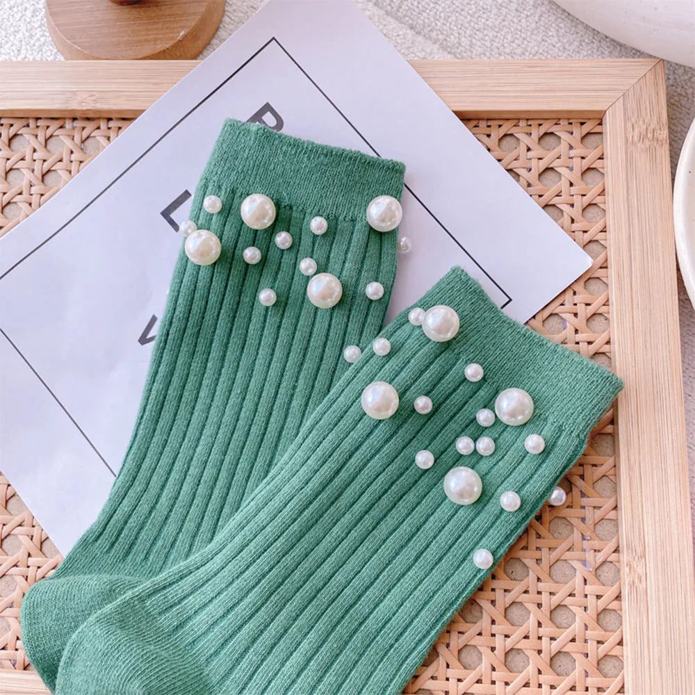 Pearl Cotton Socks Women Solid Short Socks Foot Socks Hosiery Mid-tube Socks Casual Simple Fashion Pearl Decoration green