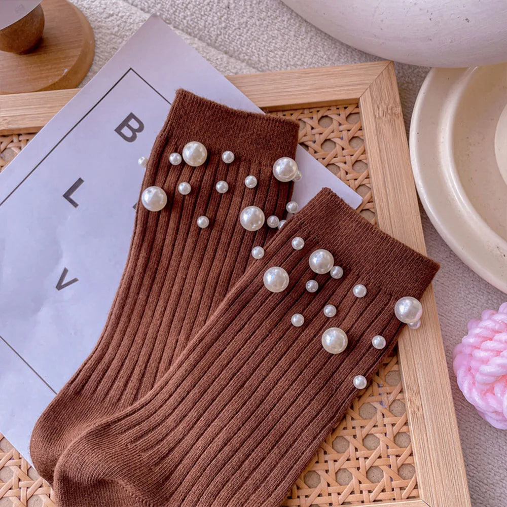 Pearl Cotton Socks Women Solid Short Socks Foot Socks Hosiery Mid-tube Socks Casual Simple Fashion Pearl Decoration caramel