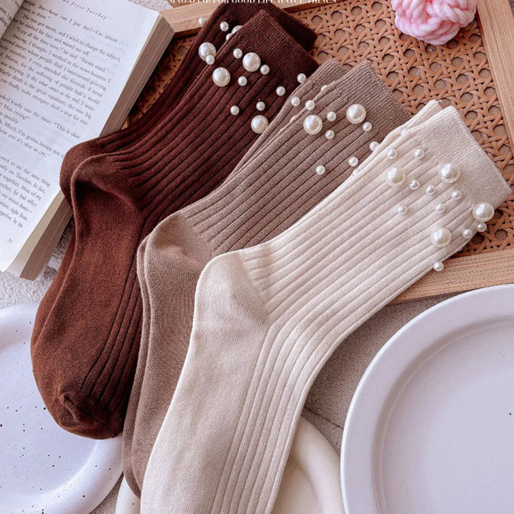 Pearl Cotton Socks Women Solid Short Socks Foot Socks Hosiery Mid-tube Socks Casual Simple Fashion Pearl Decoration
