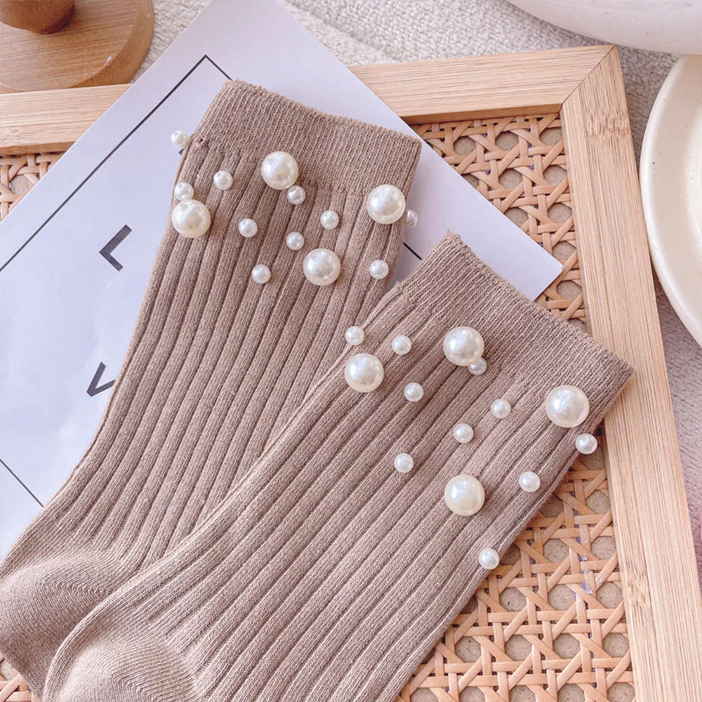 Pearl Cotton Socks Women Solid Short Socks Foot Socks Hosiery Mid-tube Socks Casual Simple Fashion Pearl Decoration light coffee